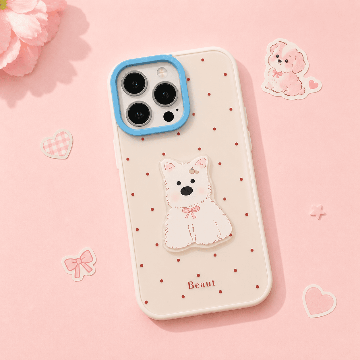 Cream iPhone case with small red polka dots and a raised white terrier wearing a pink bow, with a blue ring around the camera cutout